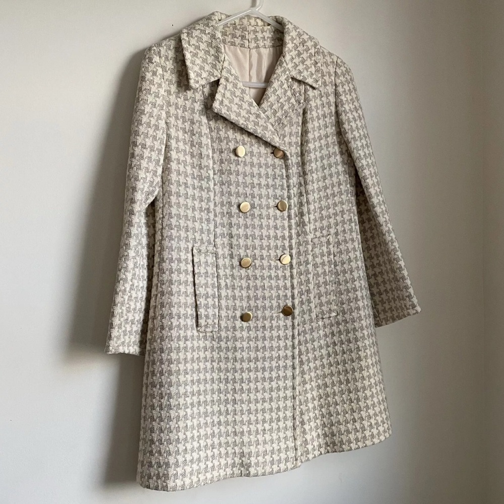 Vintage JR Bazaar Houndstooth Wool Coat Double Breasted Womans Medium 60s - Picture 2 of 10